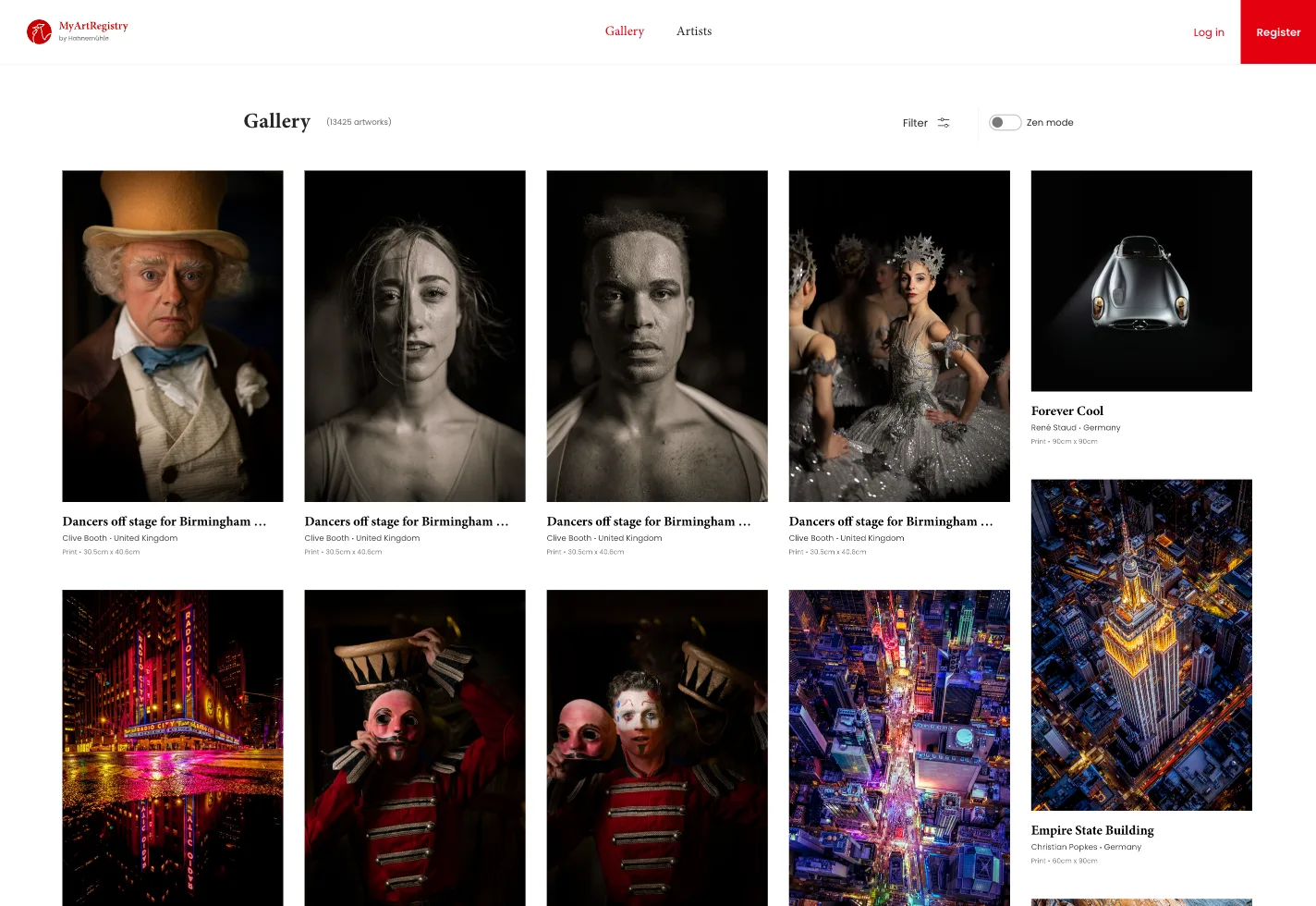Galería pública de My Art Registry con obras certificadas Hahnemühle, donde se puede buscar por artista, título o número de certificado