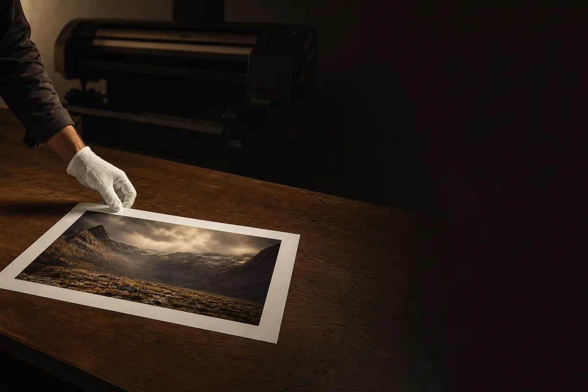 Mano con guante blanco revisando una impresión fine art terminada sobre una mesa de madera, con una impresora de gran formato al fondo