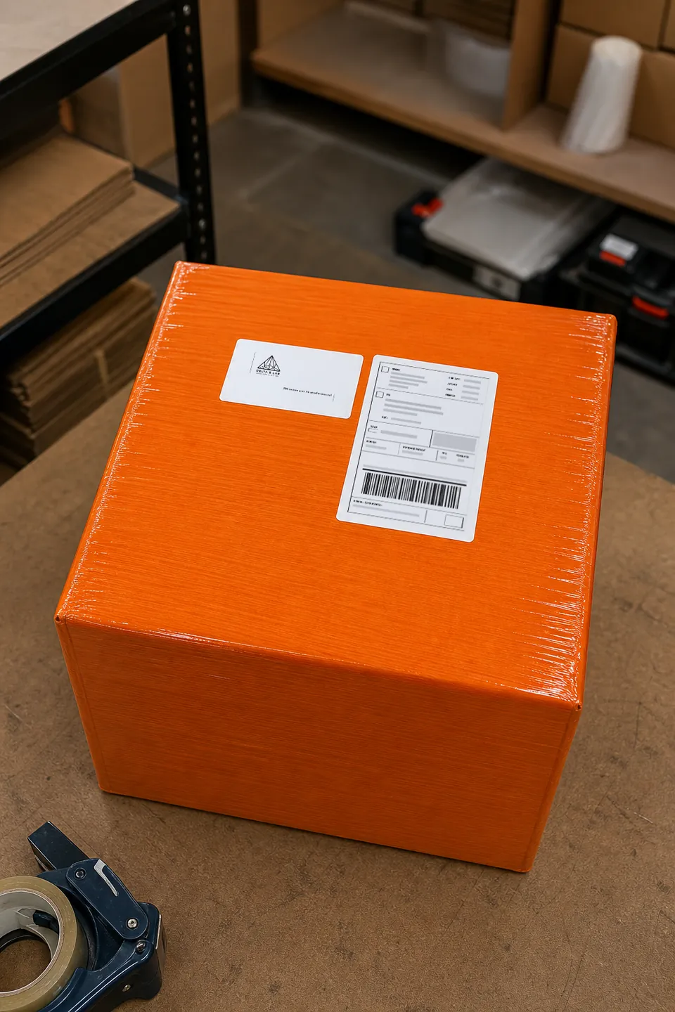 Caja sellada y envuelta en emplaye naranja con dos etiquetas de guía de envío, lista para despachar desde el taller
