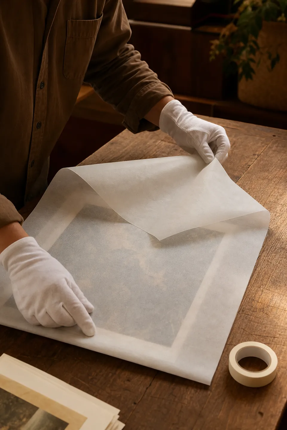 Manos con guantes envolviendo por completo una impresión fine art en papel glassine sobre la mesa del taller