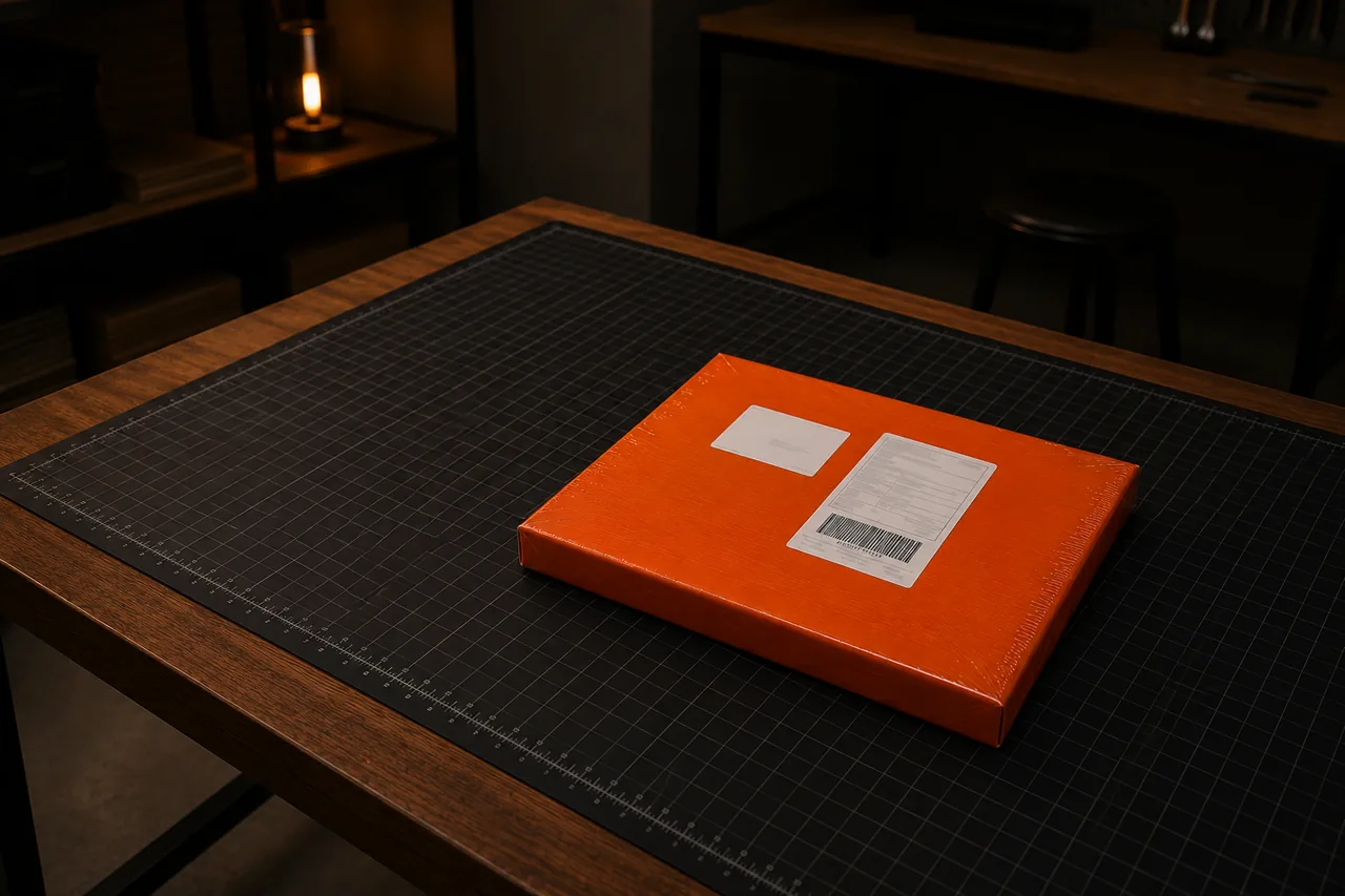 Paquete con emplaye naranja listo para envío desde el taller de Delta E Lab