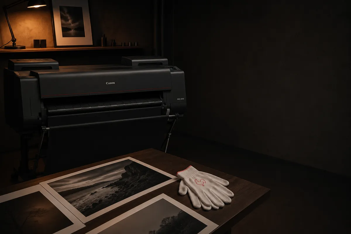 Taller de impresión Fine Art en penumbra con una impresora Canon de gran formato, impresiones y un guante de algodón sobre la mesa