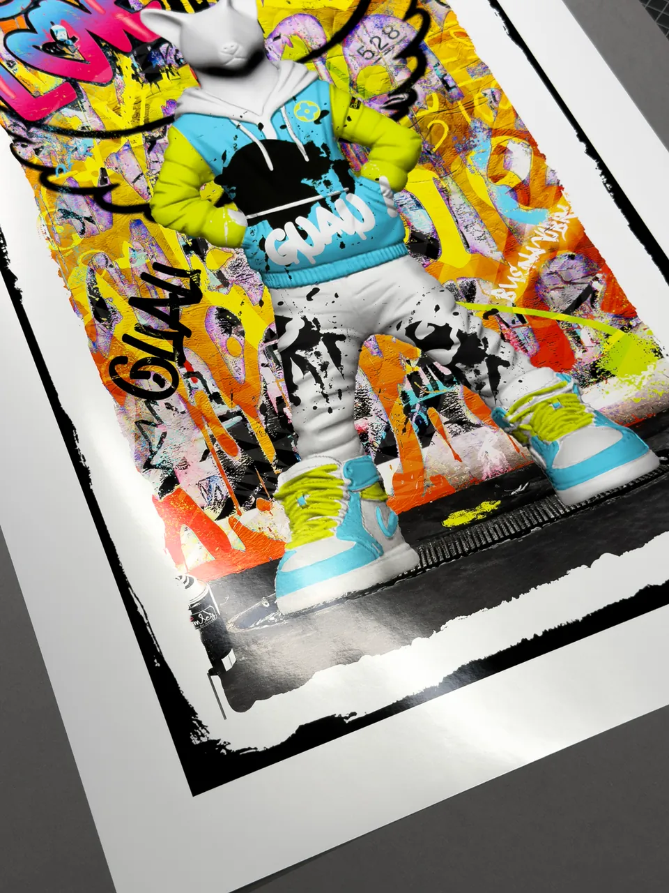 Impresión fotográfica a todo color de una ilustración estilo graffiti, con cantos limpios y margen blanco
